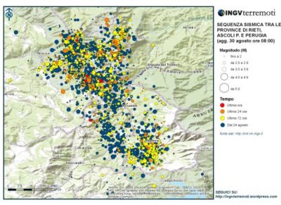 La mappa della sequenza sismica aggiornata al 30 agosto alle ore 08:00.