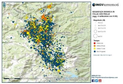 La mappa della sequenza sismica in Italia centrale aggiornata al 4 settembre alle ore 9:00